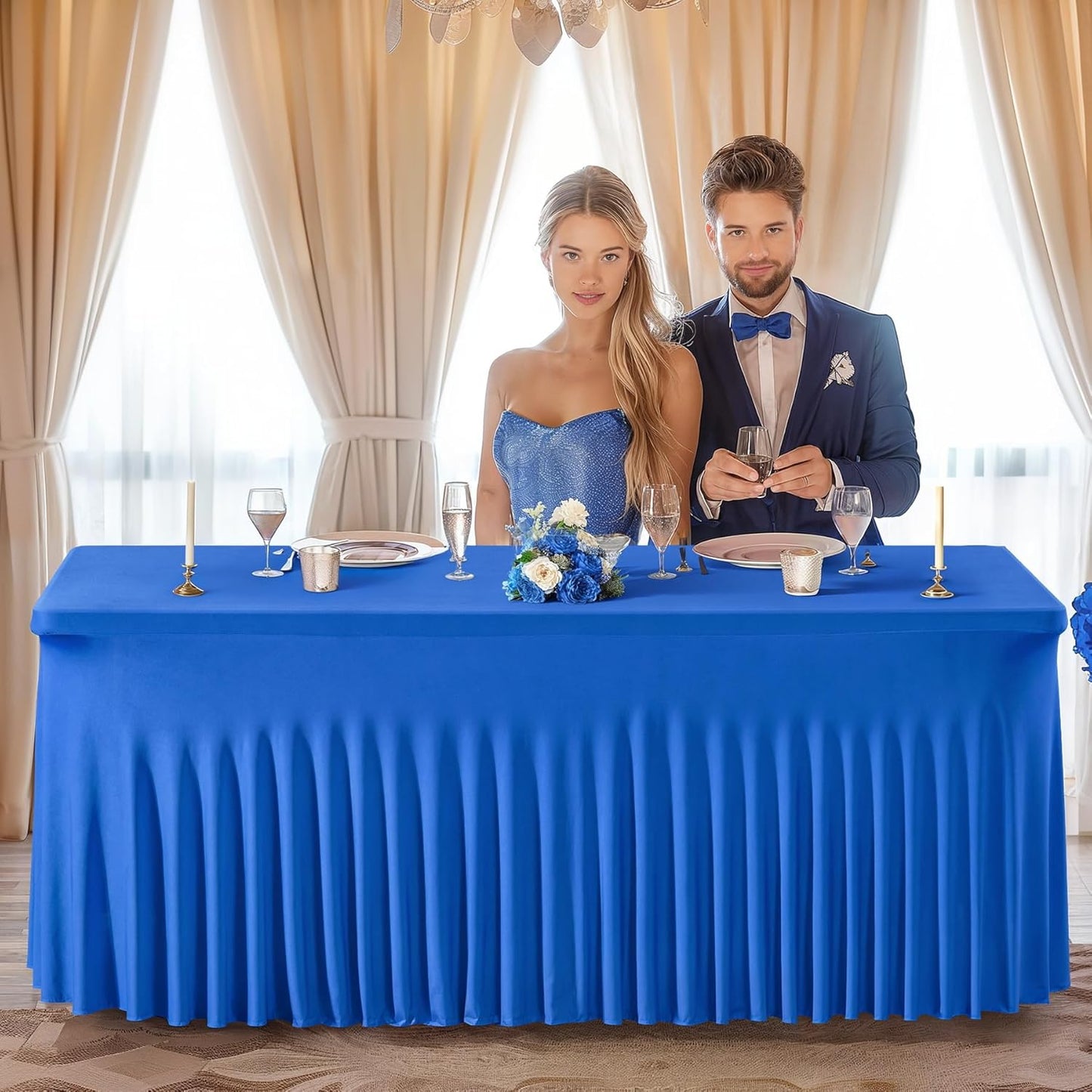 PARTISKY Royal Blue Spandex Tablecloth for 6ft Rectangle Tables, Stretchable Table Cover Skirt for Folding Tables Weddings Parties Banquets Events Trade Shows and Dessert Table