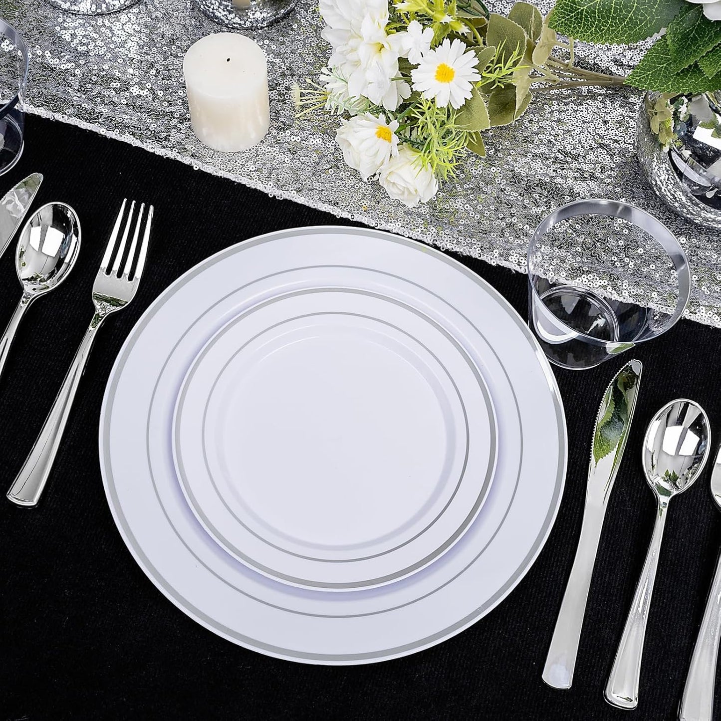 bUCLA 600pcs Silver Plastic Dinnerware Set for 100 Guests - Silver Christmas Dinnerware Set Disposable for Party - Include 100 Dinner Plates,100 Dessert Plates,100Cups,100 Knives,100 Forks,100 Spoons