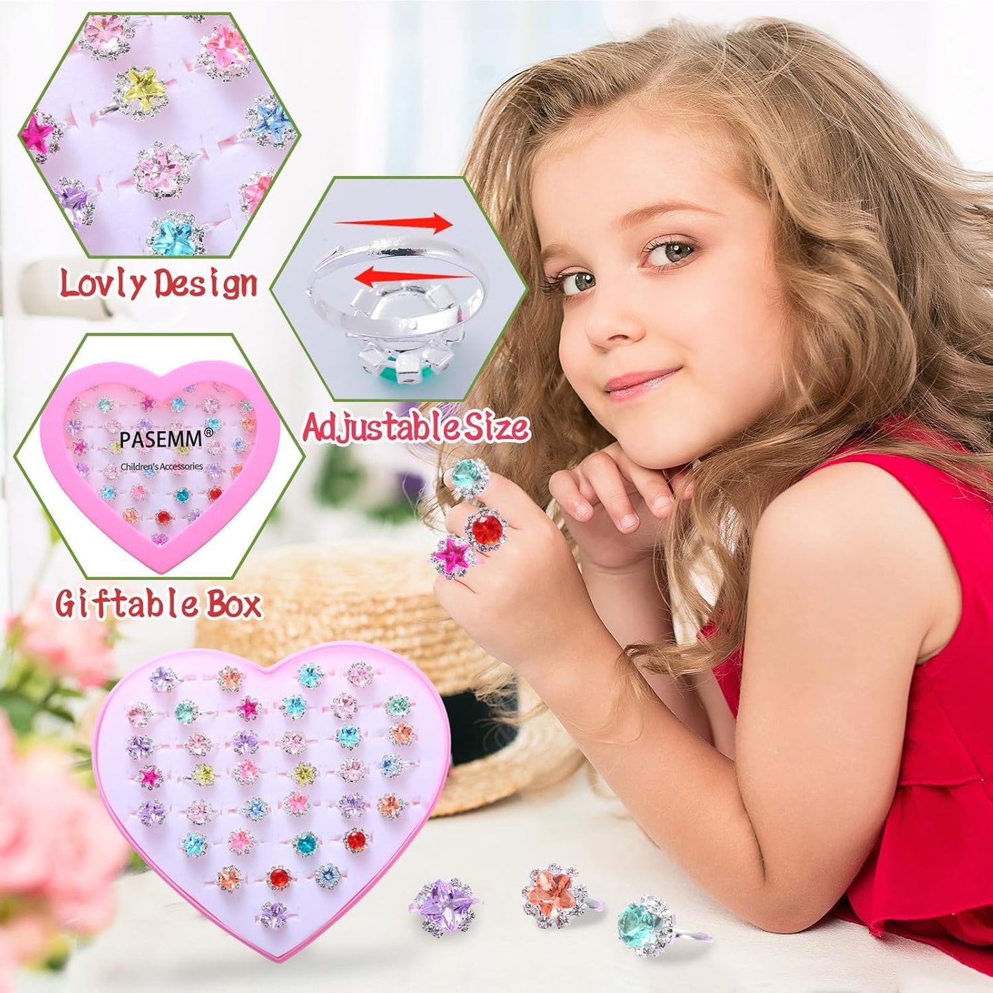 36pcs Little Girl Rhinestone Gem Rings,Adjustable,Random Color Style Diamond Kids Play Rings in Box,Pretend Play and Dress Up Rings for 4-12 Year Old Girl Birthday Gifts, 3 4 5 6 7 8 9 10 11 12