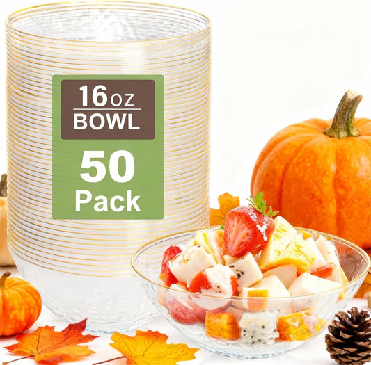 I00000 50 Pack 12 Ounce Clear Plastic Bowls Hammered with Gold Rimmed, Heavy Duty Disposable Bowl Set,Elegant Small Bowls for Thanksgiving Party, Weddings, Catering