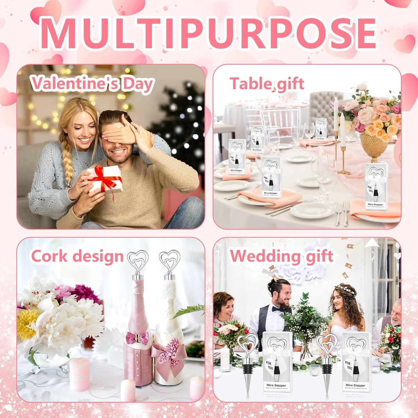 30PCS Double Heart Wine Stoppers for Wedding Favors Bridal Shower Heart Design Party Gifts for Guests Souvenir Decorations with Individual Package