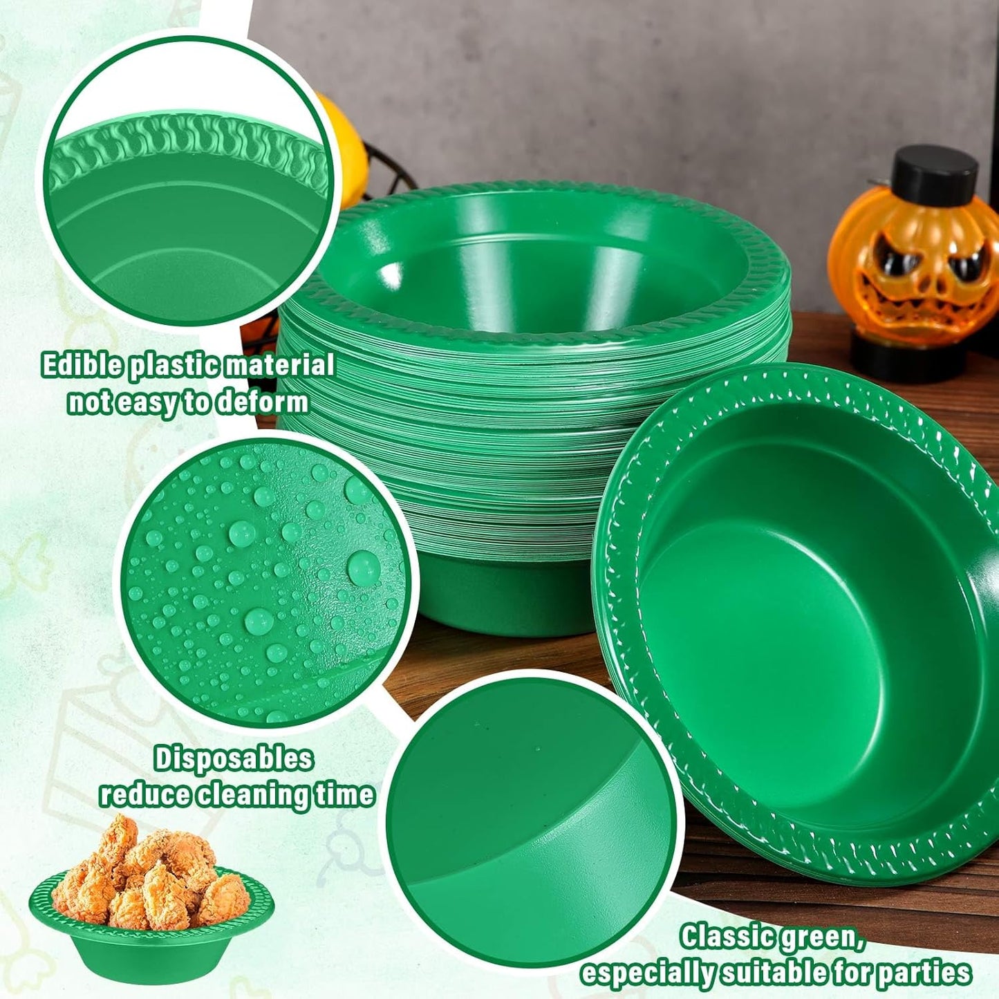 Lallisa 100 Pcs 12oz Dark Green Disposable Plastic Bowls Dessert Cups Ice Cream Snack Salad Soup Food Serving Bowls for Party Favor Picnic