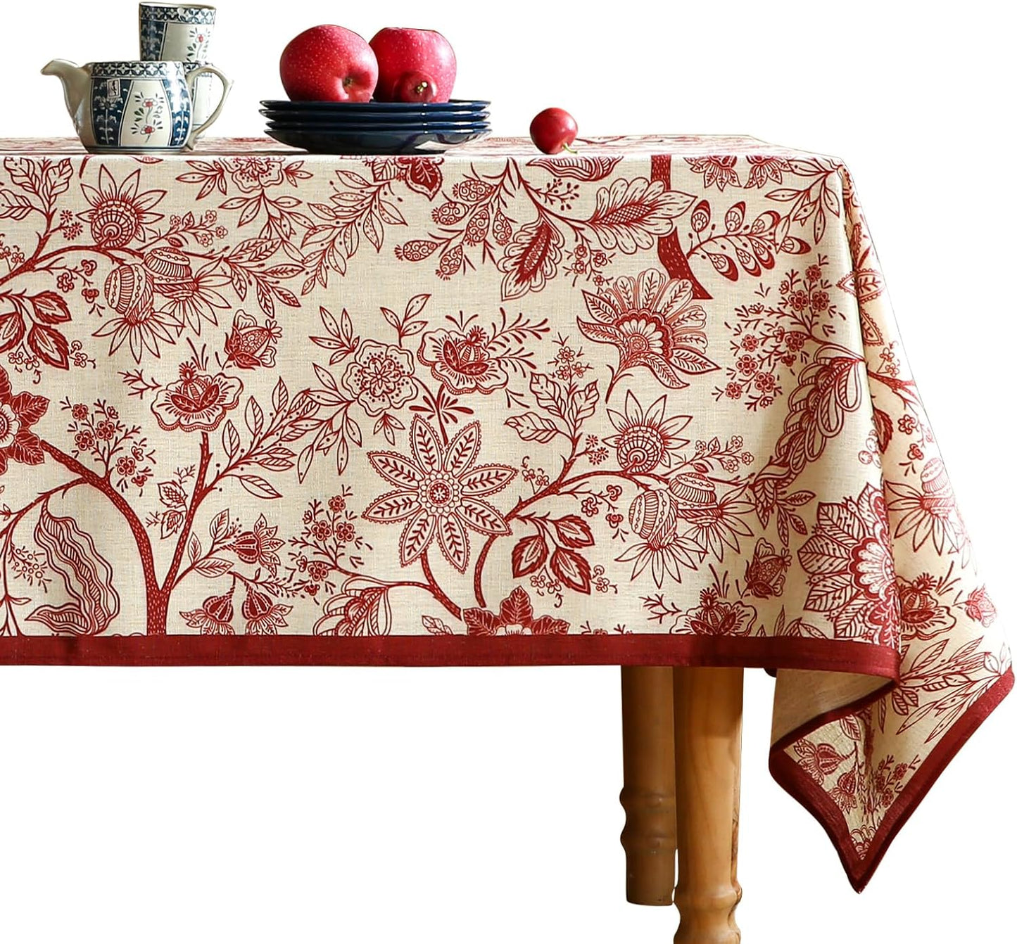 ISAENNE Designer French Linen Tablecloth Rectangular,Red Floral Washable Indoor Table Cloth,Durable Home Decor Tablecloths for Dining Thanksgiving Kitchen Party Christmas,55"*87"-Ruyi A