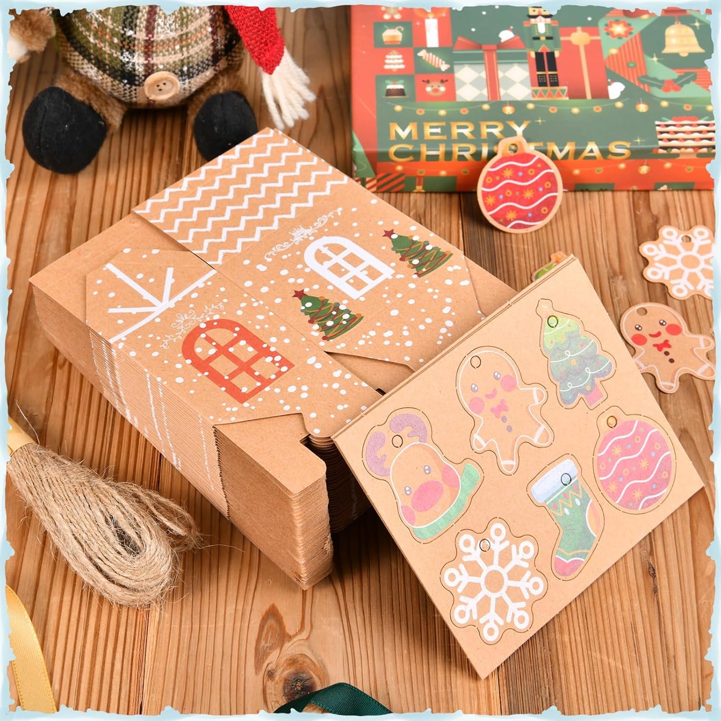 50 Christmas Gift Bags Cookie Boxes, Christmas gift Goody Boxes, Creative sticker House shaped food Storage Wedding gifts or Baby Shower Party Favors