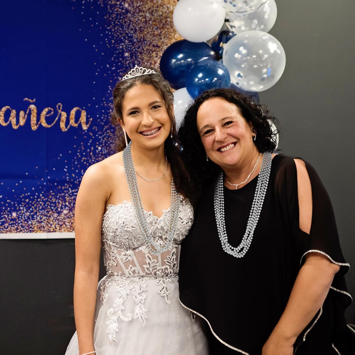 12 PCS Silver Mardi Gras Beads, 33" Christmas Beads Necklaces, Festival Parade Throws Accessory Sets, Bulk Carnival Round Costume for Independence Day Party Favors Christmas Decorations