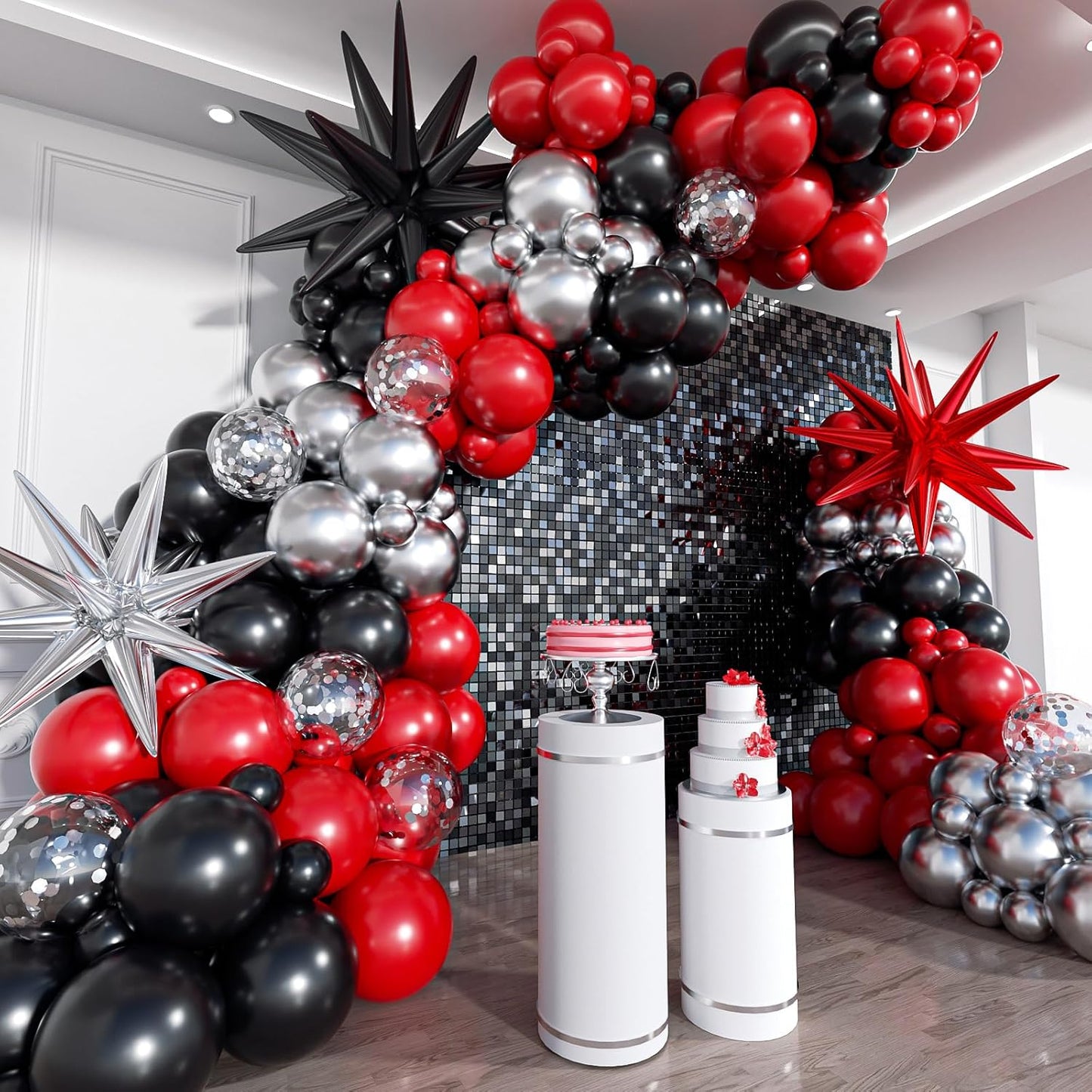 Red and Black Silver Balloon Arch Kit - 201Pcs Explosion Star Red Black Metallic Silver Balloon Garland kit Different Size Balloons for Anniversary Birthday Racing Car Poker Party Decoration