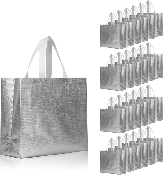 cabzymx 25 Pcs Silver Reusable Gift Bags with Metallic Design, Non-woven Gift Bag Bulk with Handles, Glossy Party Bags for Wrapping Gifts, Birthday, Wedding, Parties, Graduation-12.6x4.7x11 In