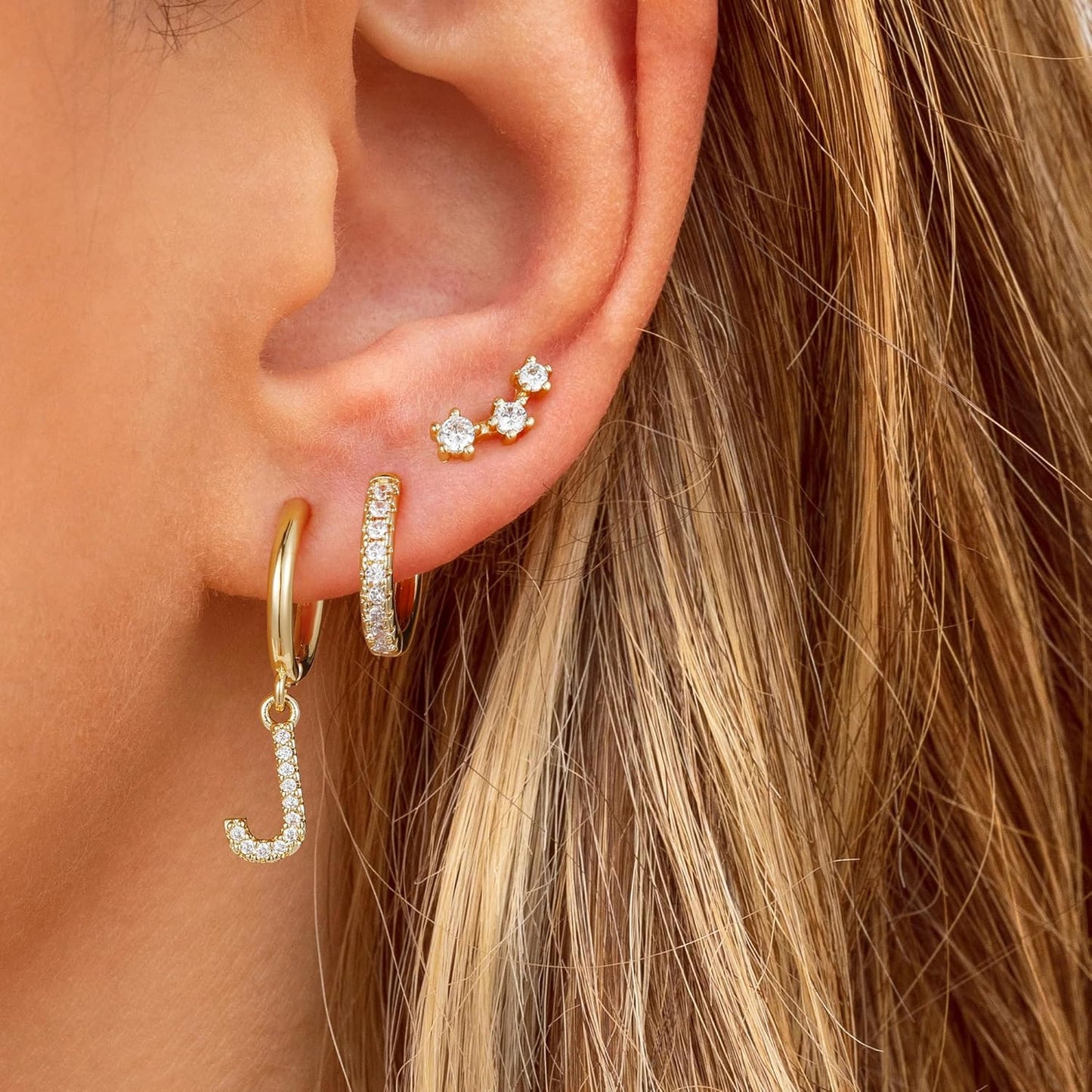 Gold Earrings for Women Girls - 3 Pairs Gold Huggie Hoop Earrings for Girls with Initial Dangle Cartilage Earrings Studs Hypoallergenic Earring Set for Multiple Piercing Gifts for Women Girl