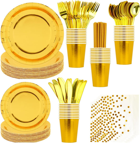 200 PCS Gold Disposable Party Supplies, Disposable Party Tableware Set with Gold Paper Plates, Paper Cups, Napkins, Plastic Knives, Forks and Spoons （25 Guests）
