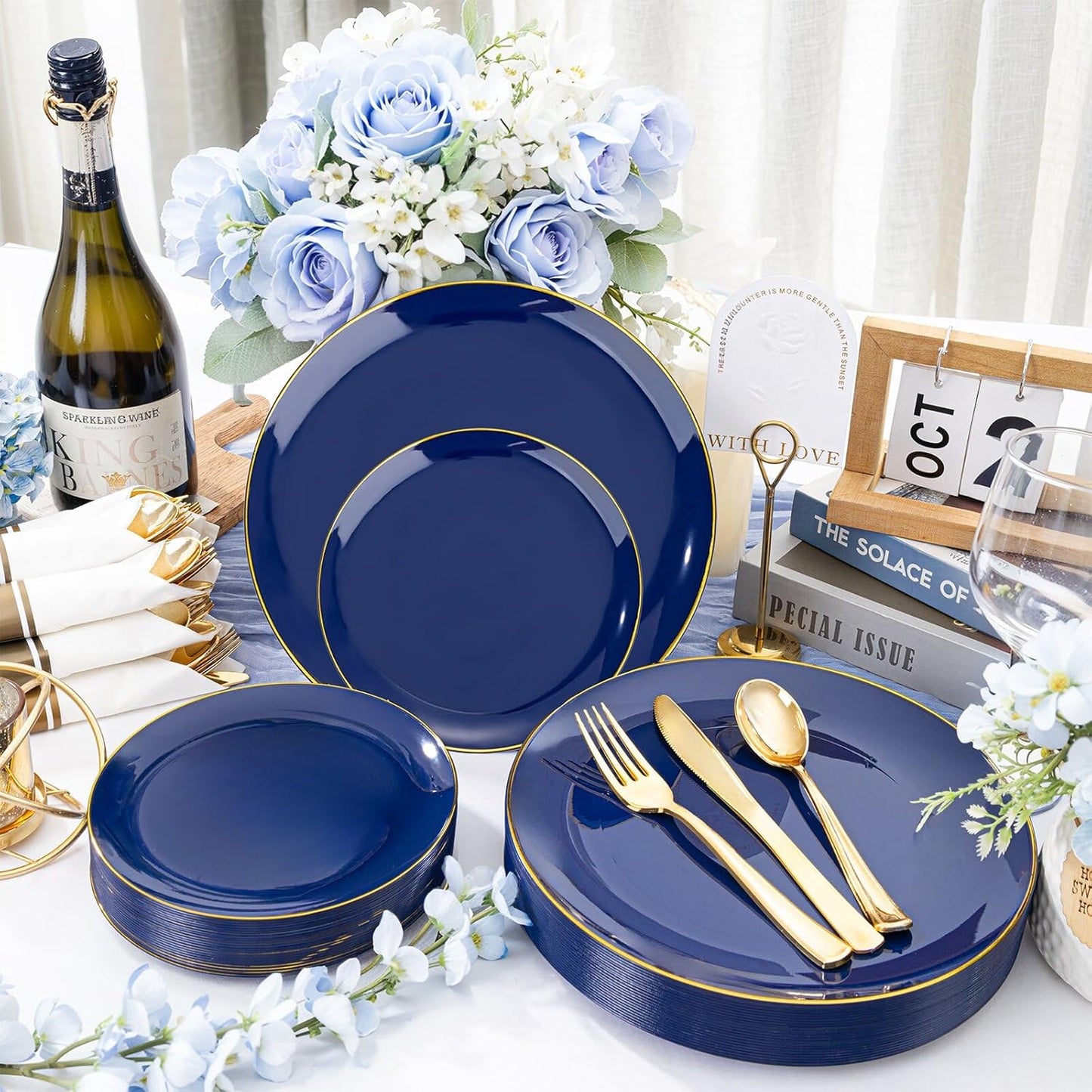 WDF 150pcs Blue plastic Plates - Navy Blue Plates Disposable - 25guest Disposable Dinnerware Sets for Party/Wedding/Birthday
