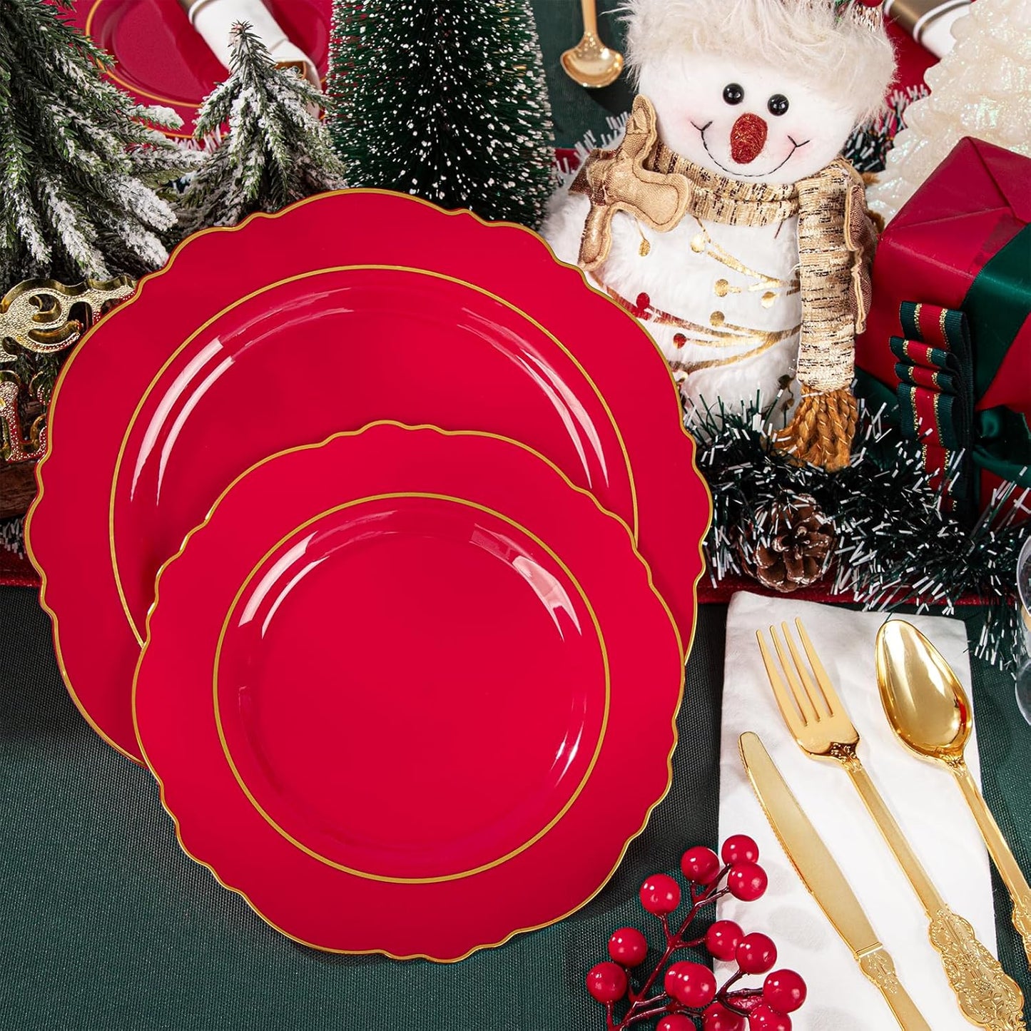 Liacere 350PCS Red Plastic Plates - Christmas Red Disposable Plates With Gold Rim - 50Guest Baroque Plastic Dinnerware include 100Plates-50Pack Pre Rolled Napkins with Silverware 50Cups for Christmas