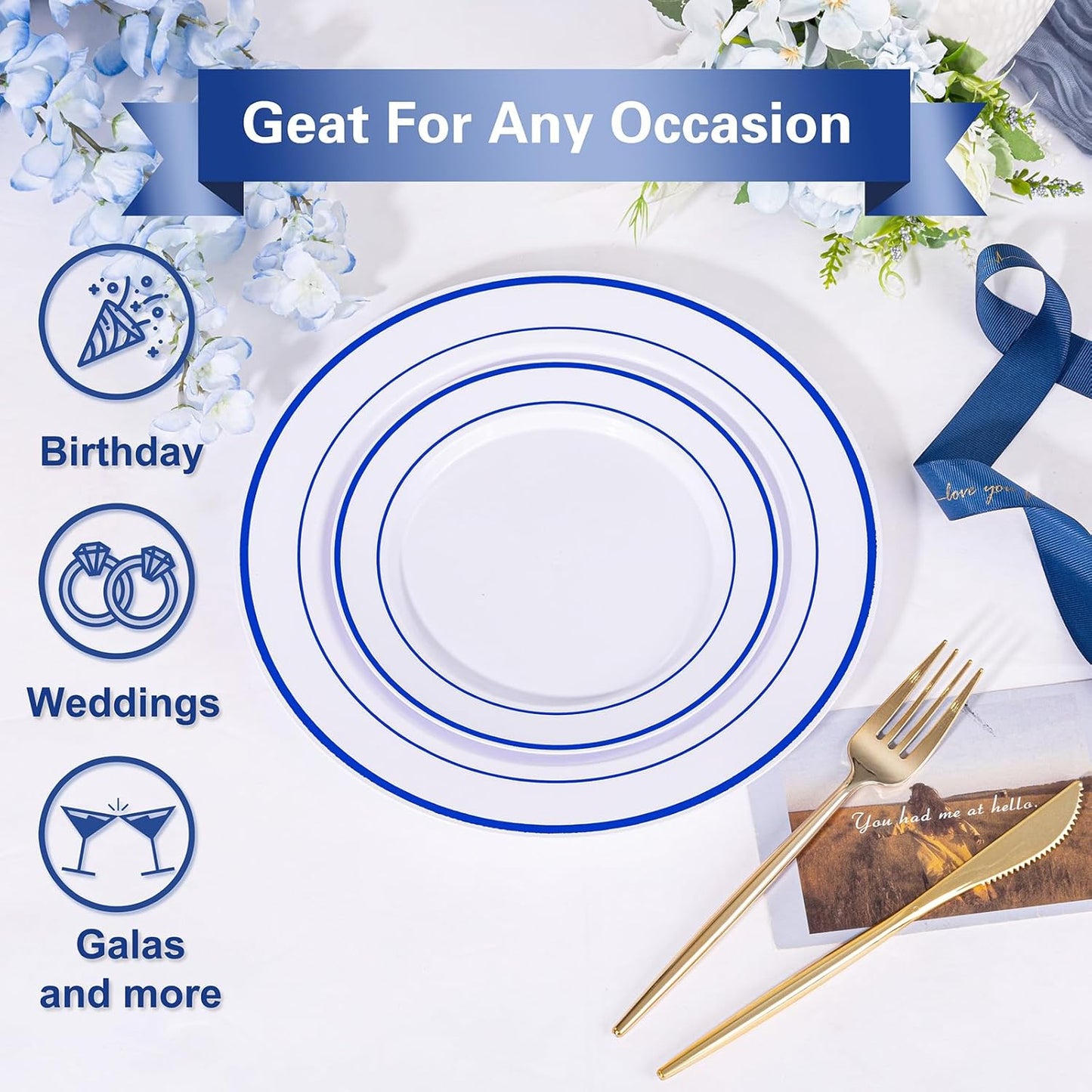 U-QE 100pcs Royal Blue Plastic Plates for Party - Blue and White Plates Disposable Heavy Duty - Include 50 10" Dinner and 50 7" Dessert Plate, Perfect for Party, Wedding, birthday