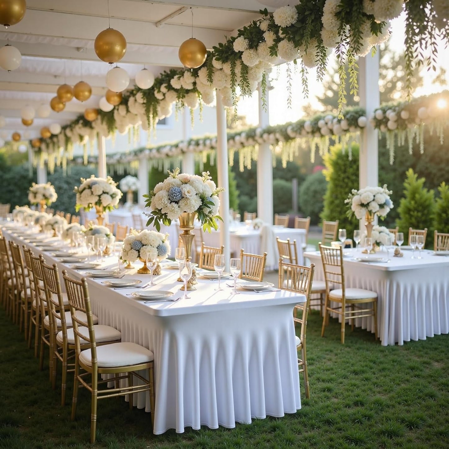 2 pk White Spandex Table Cloth Rectangle 8ft with Ruffle Skirt,Wrinkle Free High-Stretch Fitted Tablecloths for 8 Foot Rectangle Tables,Elastic Spandex Table Covers 8 ft for Parties Weddings Banquet