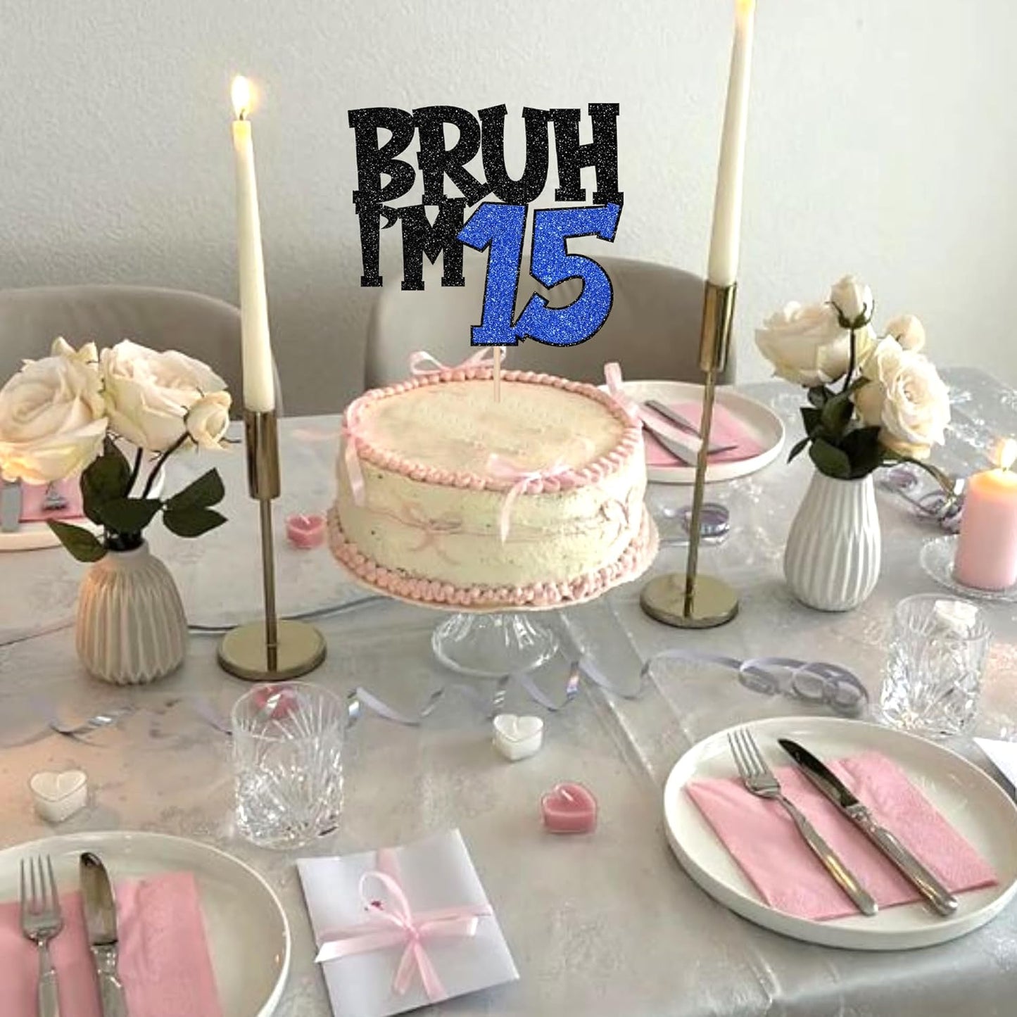 1 PCS Bruh I'm 15 Cake Topper Glitter Happy 15th Birthday Cake Pick Bro I'm 15 Cake Decoration It's My 15th Birthday Decorations for Cheers to 15 Years Old Birthday Anniversary Party Supplies Blue