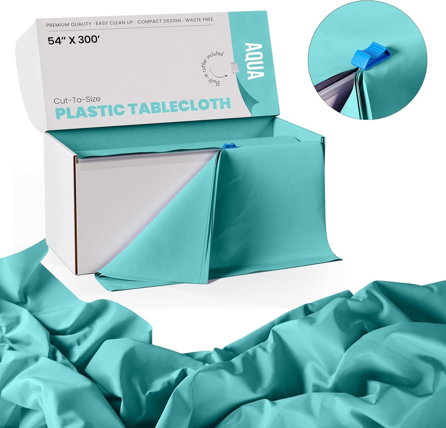 Party Solids 54 Inch X 300 Feet Aqua Plastic Table Cover Roll in A Cut - to - Size Box with Convenient Slide Cutter. Cuts Up to 36 Rectangle 8 Feet Plastic Disposable Tablecloths