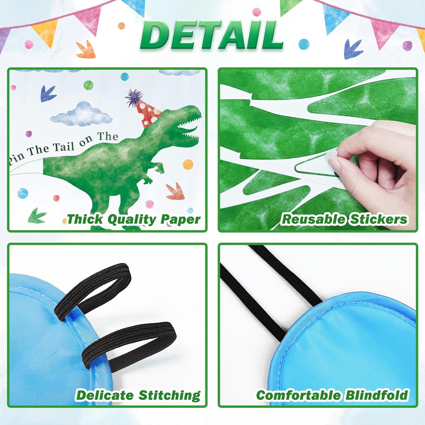 Pin The Tail on The Dinosaur Party Game with 24 PCS Tails and Two Eye Mask for Kids Girls Birthday Game 21'' x 28'' (Dinosaur)