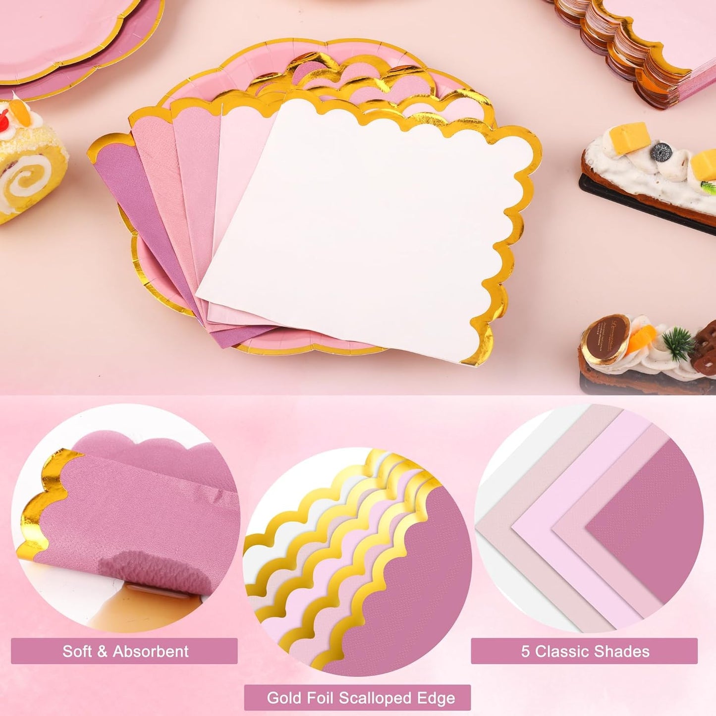 100 Pcs Dusty Pink Paper Plates and Napkins Gold Foil Scalloped Paper Plates & Napkins Disposable Tableware Set for Birthday Wedding Baby Shower Party Decorations