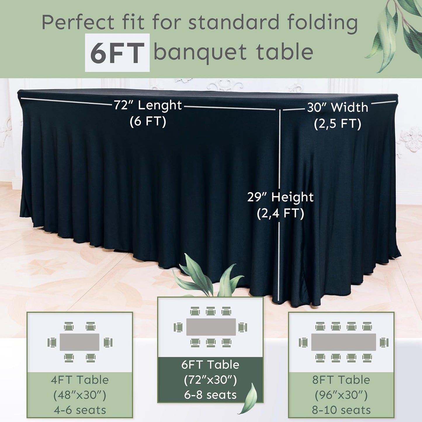 Table Skirt for Rectangular Tables 6ft - Spandex TableCovers for Standard 6 Foot Table - One Piece Fitted Elastic Tablecloth - Wrinkle Resistant Ruffles Design for Weddings, Party, Events (Black)