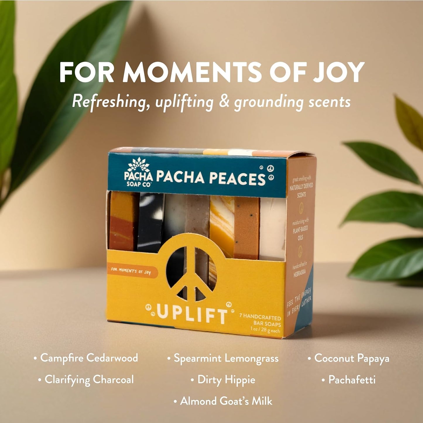 Pacha Soap Co. Bar Soap, Pacha Peaces, Uplift, 2-Pack (4 oz ea) - Premium, Handcrafted, Hydrating, Natural Hand Cleanser, Face & Body Wash, Soothing Essential Oils