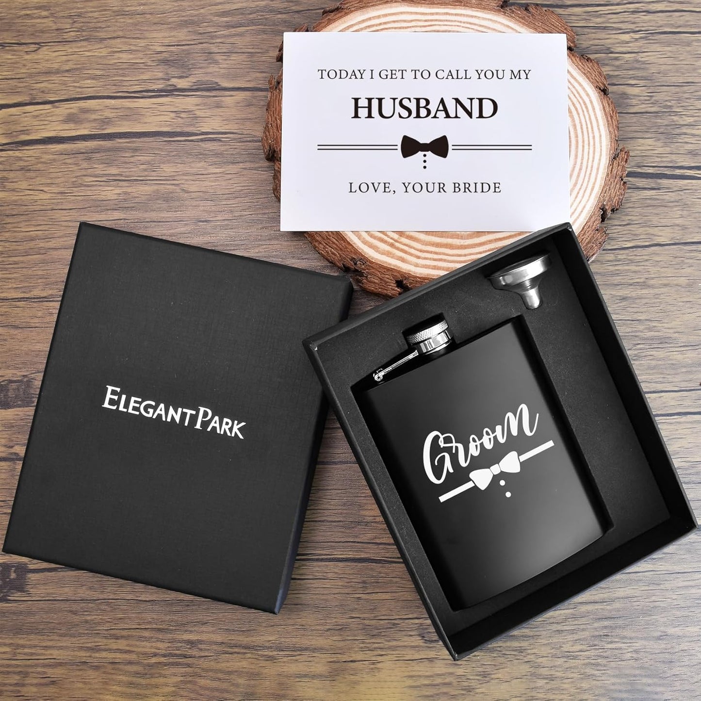 ELEGANTPARK Engraved Groom Flask Personalized Groom Gifts for Wedding Stainless Steel 8 OZ Black Hip Flask for Liquor with Funnel