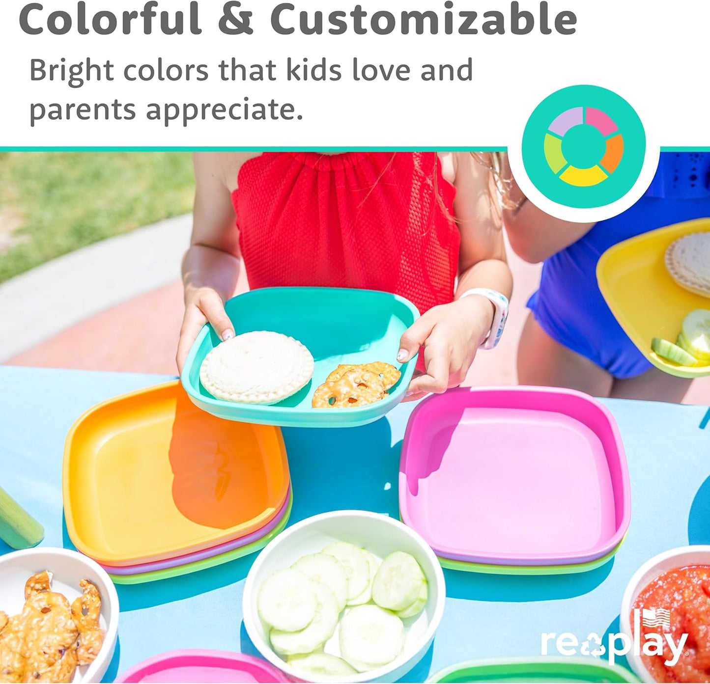 Re-Play Toddler Plates - 22 Oz. Deep-Walled Flat Kids Plates - Dishwasher & Microwave Safe - Made in USA - Set of 3-7.37" x 7.37" x 1.25" - Mermaid