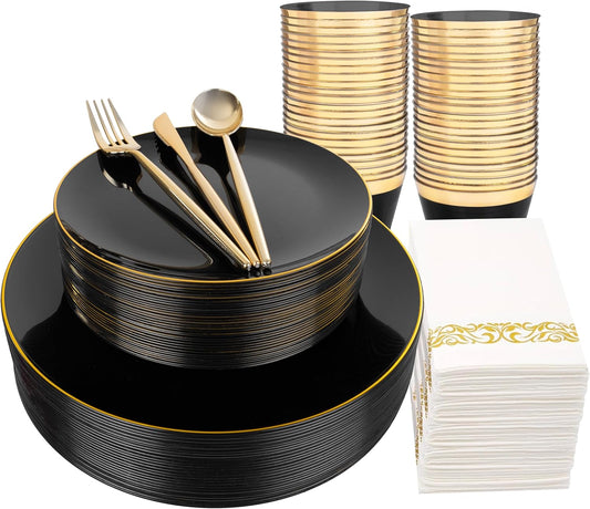 MirthMood 210Pcs Black and Gold Disposable Plates,Black Plates, Black and Gold Plates Include 30 Dinner,Dessert Plate,30 Cup&30 Napkins, 90 Gold Silverware for Wedding & Party & Birthday & Halloween