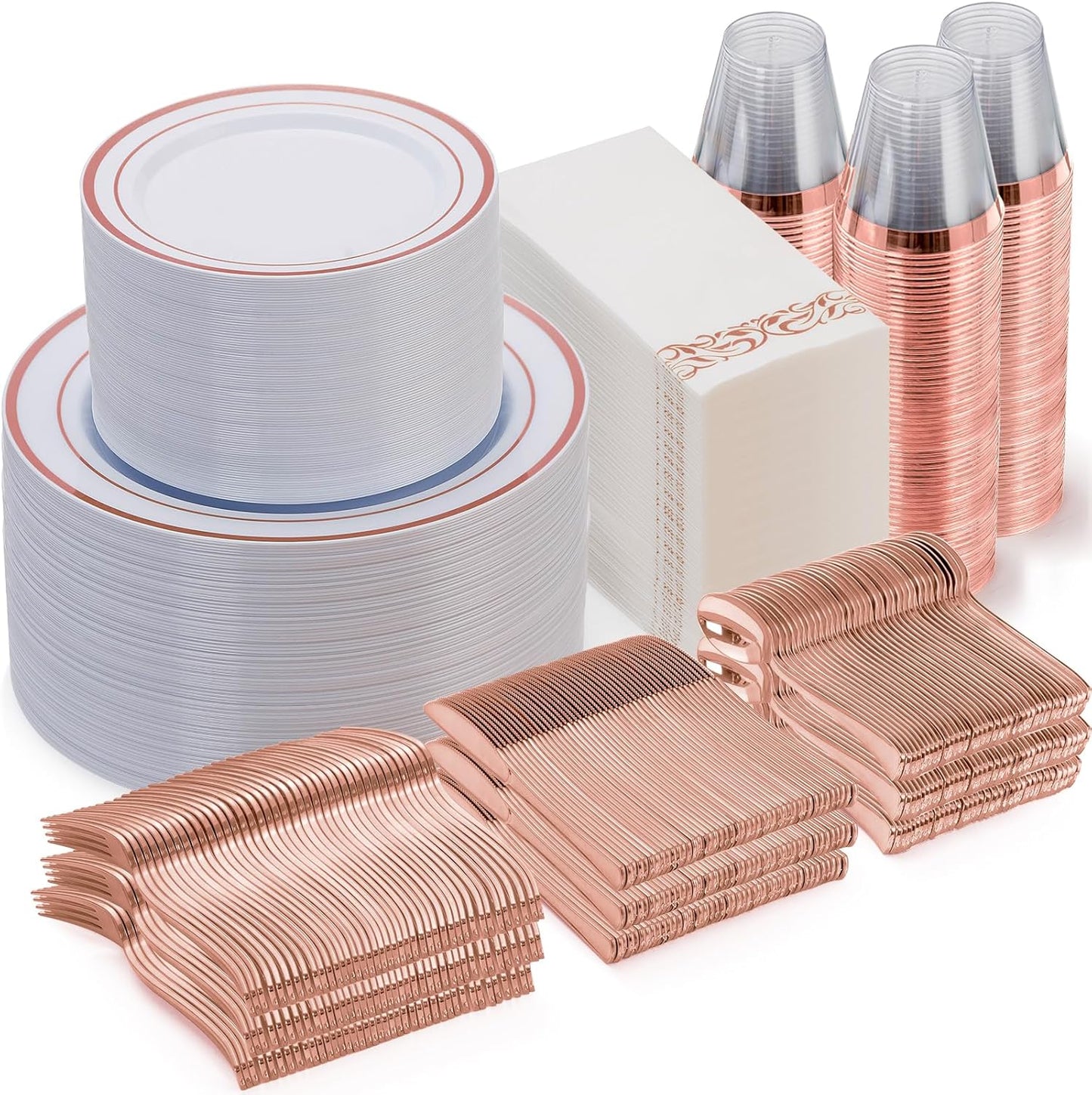 Goodluck 700 Piece Rose Gold Dinnerware Set for 100 Guests, Plastic Plates Disposable for Party, Include: 100 Dinner Plates, 100 Dessert Plates, 100 Paper Napkins, 100 Cups, 100 Silverware Set
