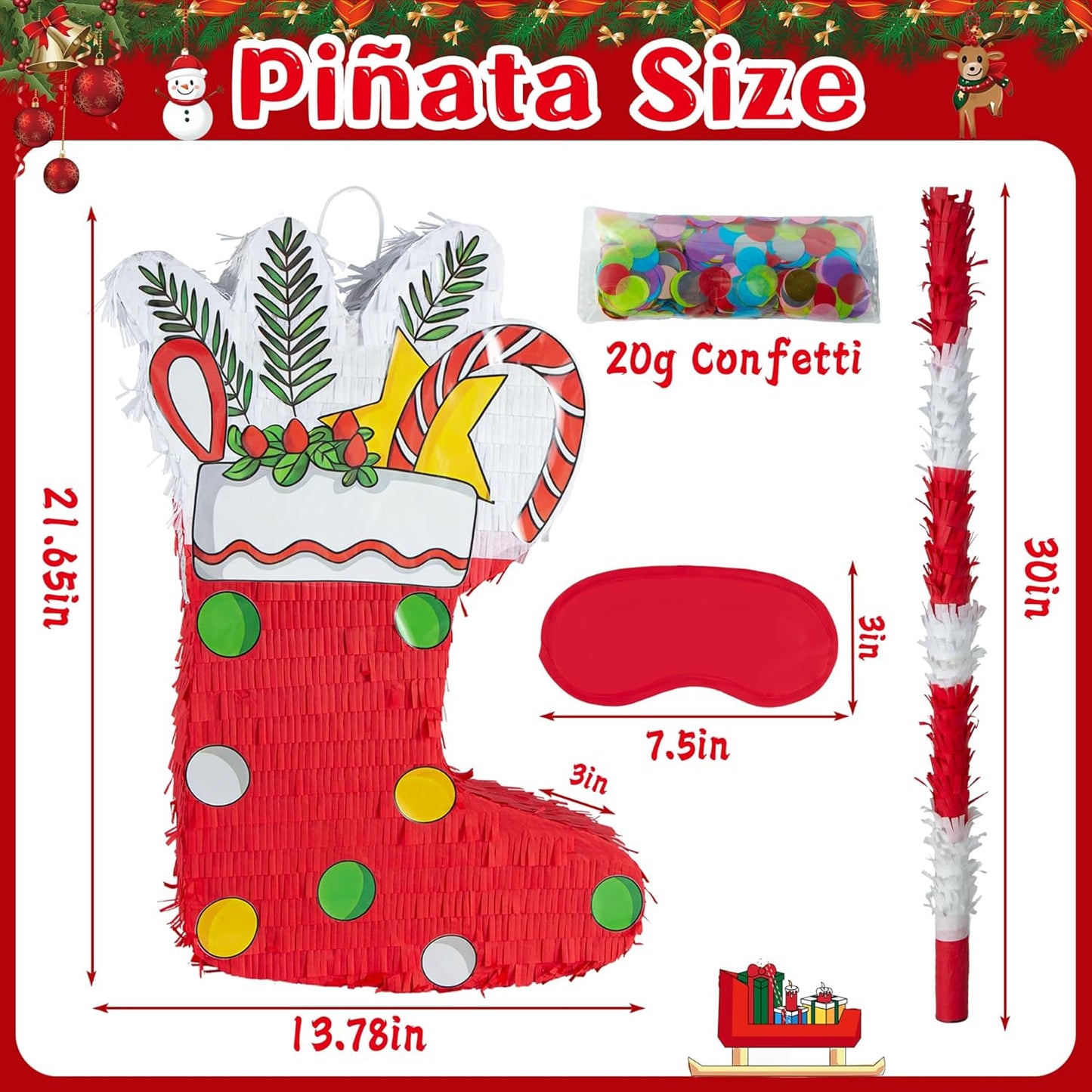 PCFING 21.6 Inch Christmas Stocking Piñata with 30 Inch Piñata Stick Blindfold Confetti for Boy Girl Adults Xmas Party Game Decorations
