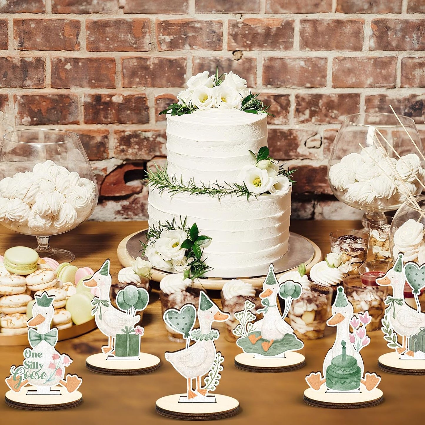 16 Pcs Wooden Baby Shower Table Centerpiece Sage Green One Silly Goose Tabletop Detachable Sign Boy Or Girl Gender Reveal Table Toppers Display Decoration 1st Birthday Photo Props Party Favor Supplies