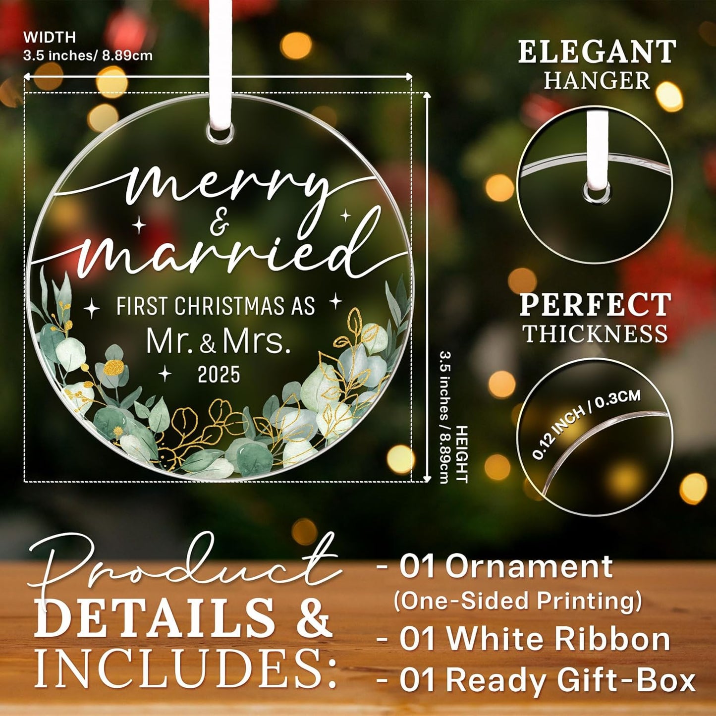 HEXMOZ First Christmas Married Ornament 2025 - Wedding Gifts for Couples 2025 - Just Married, Mr and Mrs Gifts for Newlyweds - Bridal Shower Gift for Bride - Acrylic Wedding Ornament