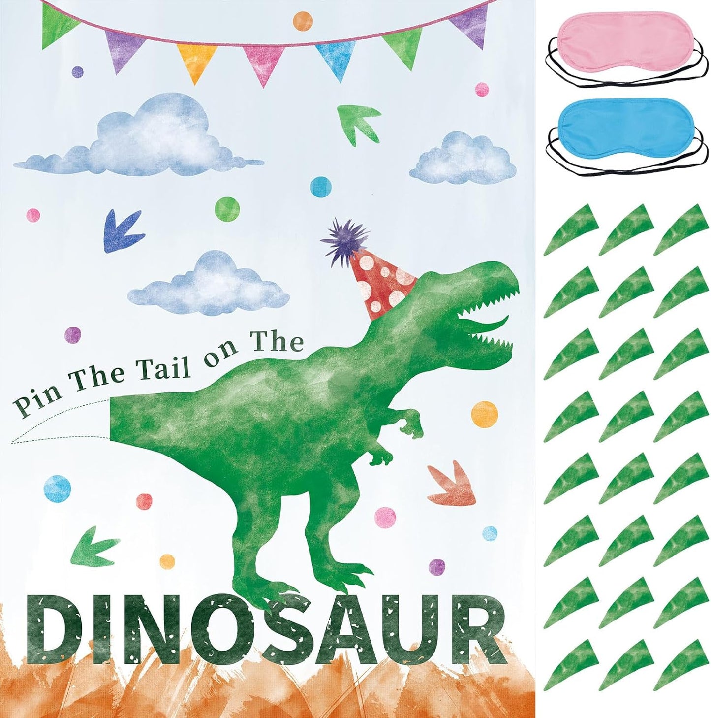Pin The Tail on The Dinosaur Party Game with 24 PCS Tails and Two Eye Mask for Kids Girls Birthday Game 21'' x 28'' (Dinosaur)
