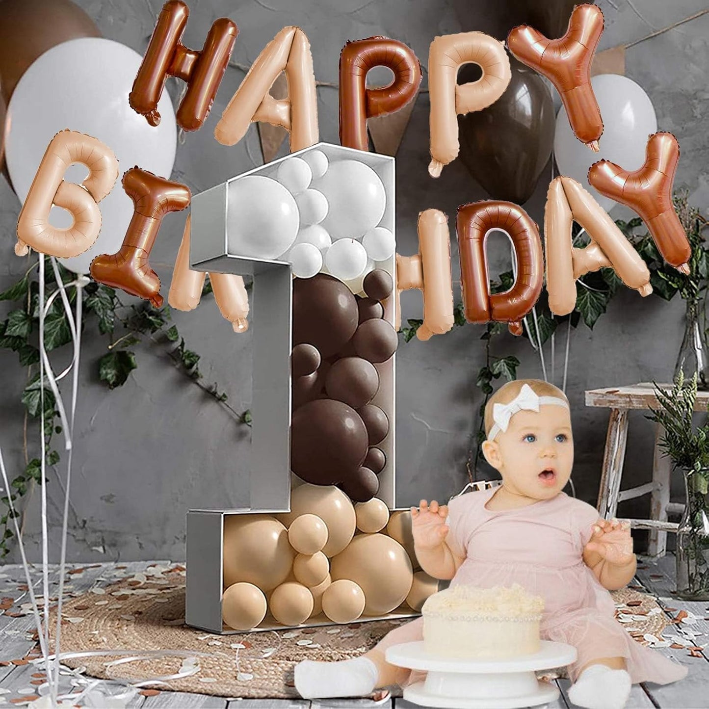 KALOR Beige and Brown Happy Birthday Balloons Banner, 16 Inch Mylar Foil Letters Balloon Sign for Women, Men, Boys & Girls Kids Birthday Decorations Photo Backdrop