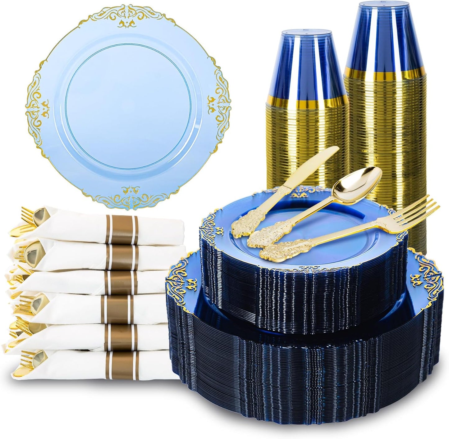 350PCS Gold and Blue Plastic Plates, Gold Plastic Dinnerware Sets for 50 Guests, 100 Disposable Plates, 150 Silverware, 50 Cups, 50 Napkins for Party and Wedding