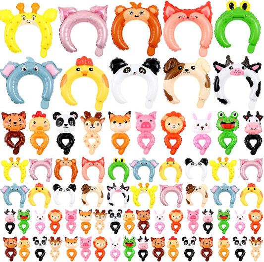 Libima 200 Pcs Zoo Animal Inflatable Party Set, Inflatable Headbands & Wrist Balloons with Manual Air Pump, Cartoon Animal Decor for Kids Birthday, Carnival, Christmas, School Classroom Activities