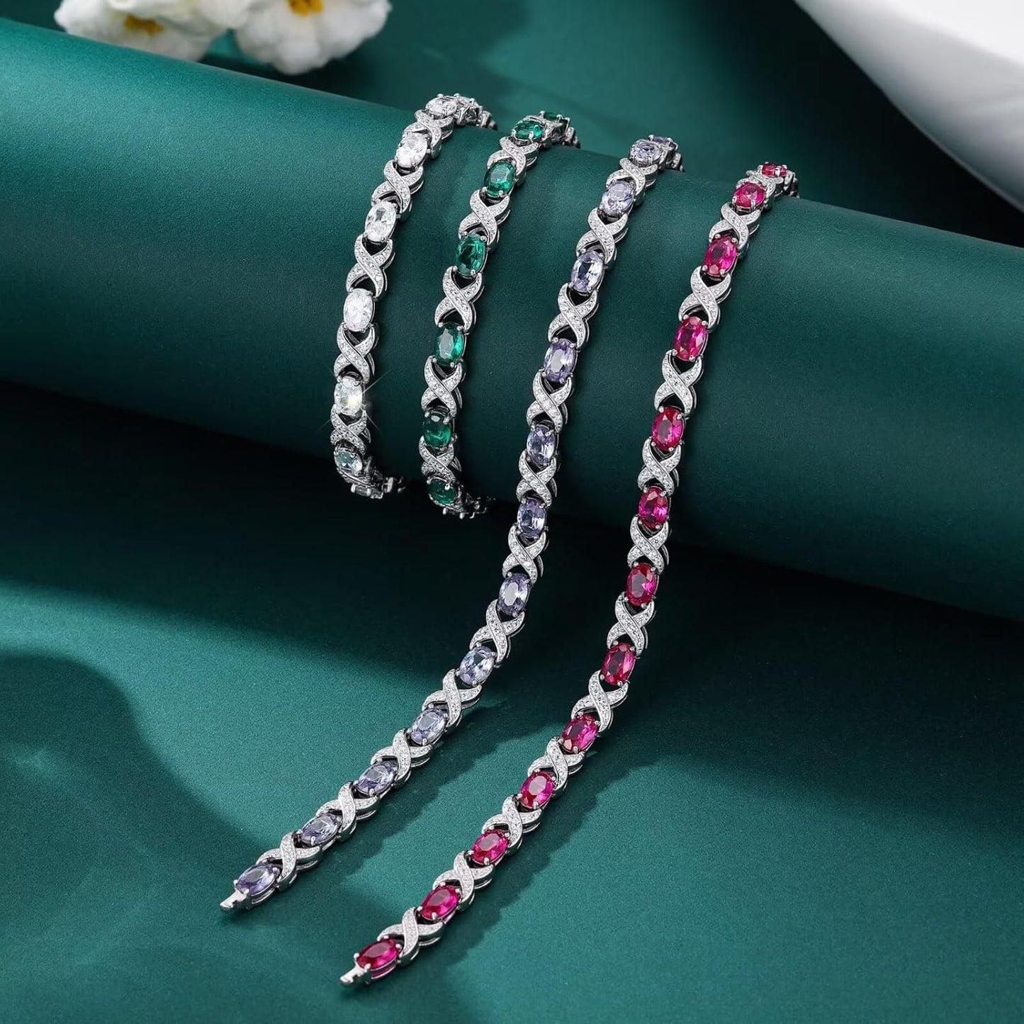 Iefil Oval Birthstone Bracelets for Women, Sterling Silver Tennis Bracelets Unique X O Design Fine Jewelry Christmas Gifts Anniversary Birthday Gifts for Her Birthstone Jewelry for Wife Mom Grandma