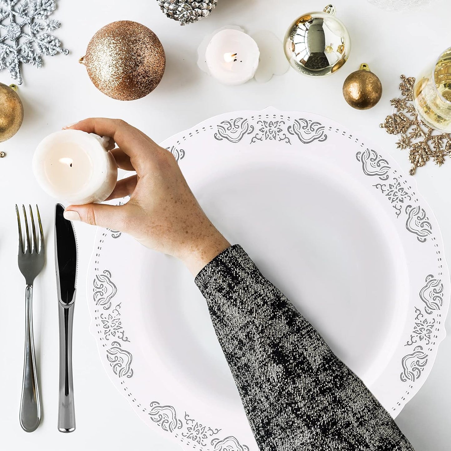 FULING 175 Pieces Silver White Dinnerware Set For 25 Guest Disposable Tableware Plastic Cutlery 5-Sets, With 12oz Cups, Knife, Fork, Spoon, Dinner Paper Each 25 Pieces For Wedding, Birthday, Party