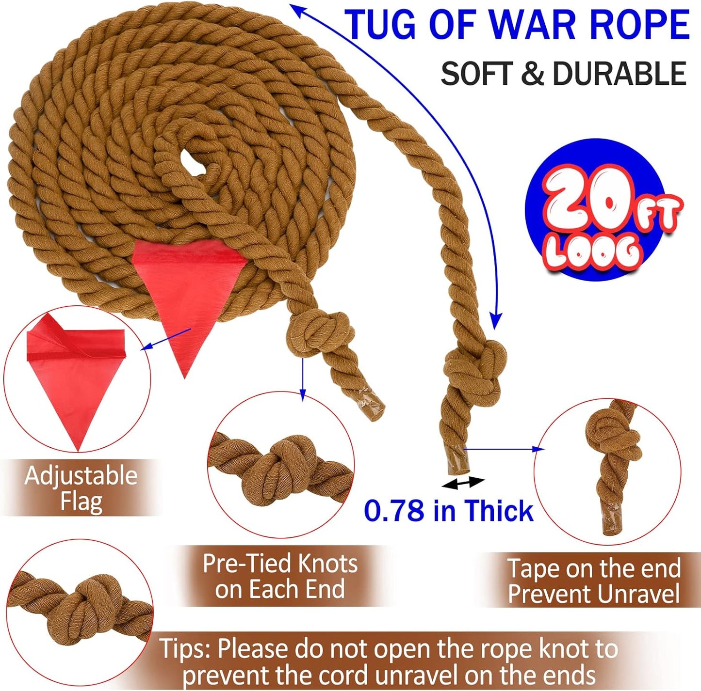 Outdoor Games Tug of War Rope for Kids and Adults, Field Day Family Reunion Birthday Party Games, Camping Picnic Games, Outside Yard Lawn Carnival Game, Fun for Team Building Activities, 20FT, Brown