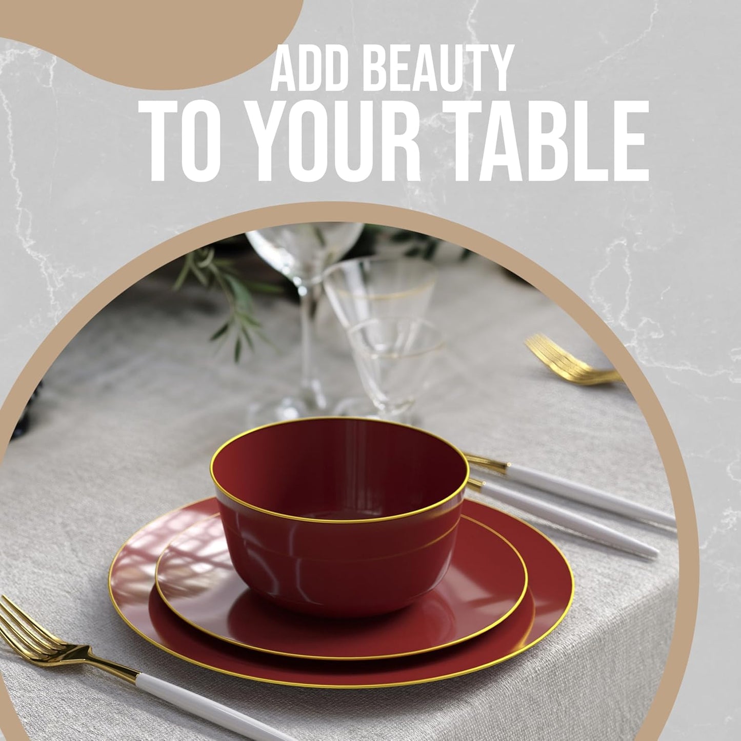 Trendables Plastic Bowls Disposable Set of 10 - 24 Oz Burgundy Gold Rimmed Fancy Serving Bowls