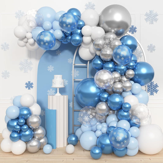 Amandir 153pcs Blue White Balloon Arch Garland Kit, Different Sizes 18 12 10 5 inch Blue Silver Latex Metallic Confetti Snowflake Balloons for Winter Wonderland Princess Baby Shower Party Decorations