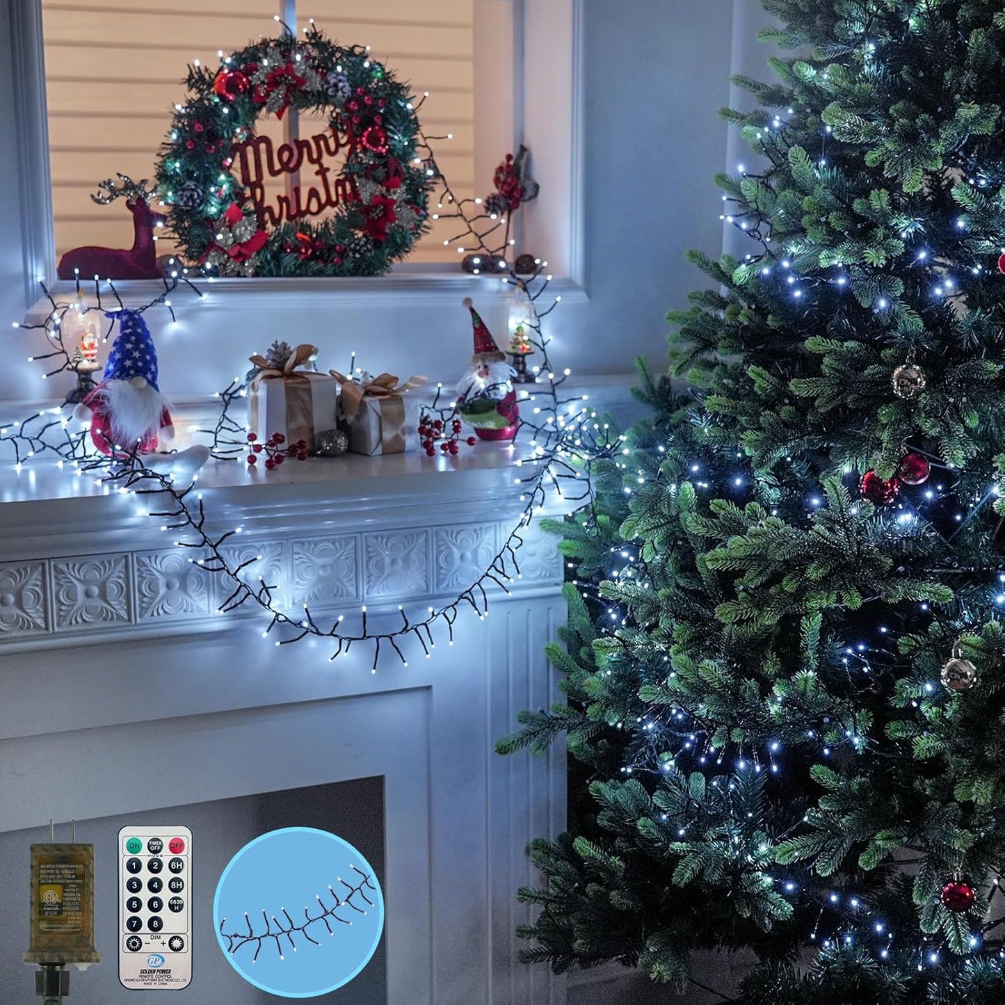 100FT 2000 LED Cluster Christmas Lights, Christmas Tree Lights Outdoor Indoor with 8 Modes & Timer & Remote, Firecrackers String Lights Waterproof for Garland Party Xmas Decorations, Cool White