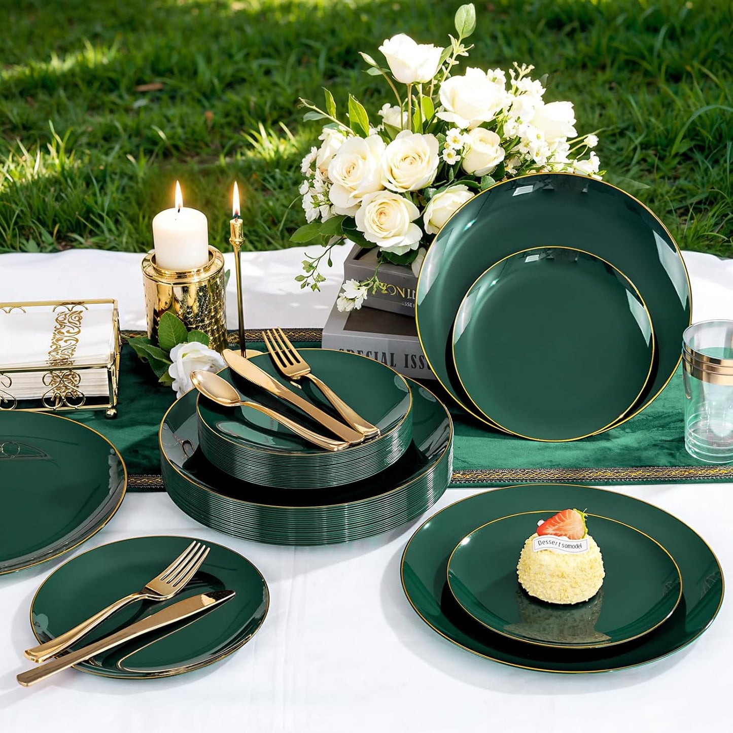YOUBET 175PCS Green Plastic Plates - Green and Gold Disposable Plates Include 50 Plate, 75 Silverware, 25 Cups, 25 Napkins for Wedding & Party & Christmas