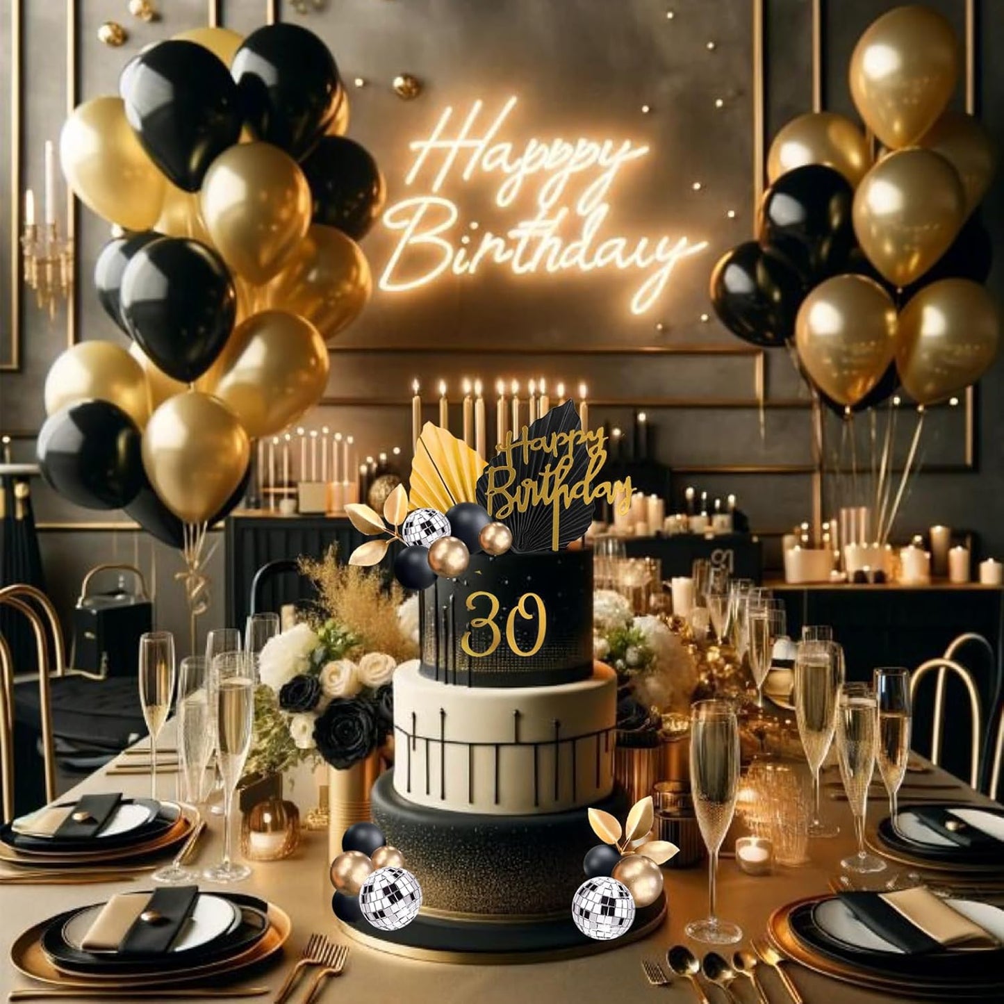 40Pcs Black Gold Balls Cake Topper Man Cake Decorations with Disco Balls Palm Leaves Acrylic Numbers 0-9 and Happy Birthday Cake Topper for Men Boy Black Theme Birthday Baby Shower Party Supplies