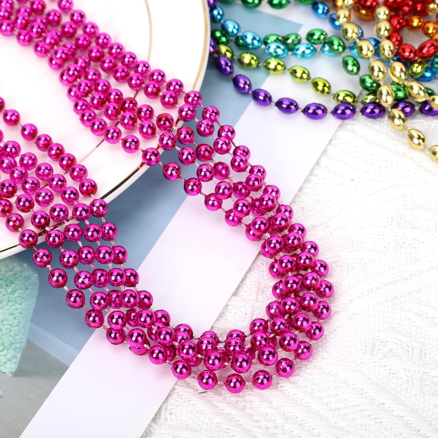 48 Pack Mardi Gras Beads Necklaces, 33 Inch Plastic Beads for Party Favors, Festival Decorations, Parade Throws, Christmas, St. Patrick's Day Celebrations