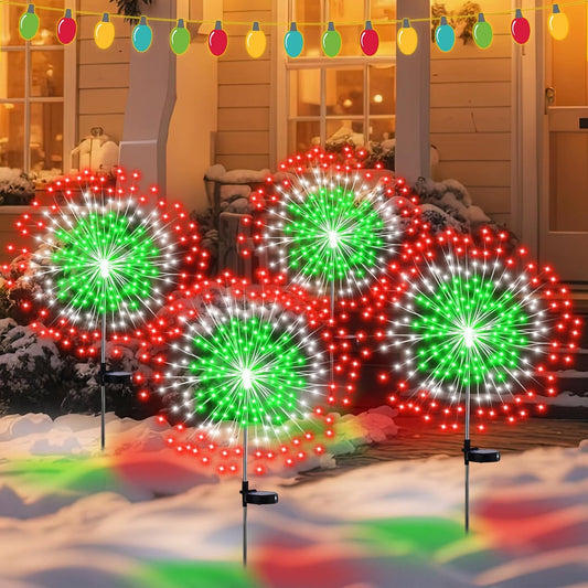 4 Pack Christmas Solar Firework Lights Decorations Garden Pathway Solar Power Light Stake Waterproof Landscape Lamp with 180 LED 8 Modes for Christmas Party Decoration(Red, White, Green)