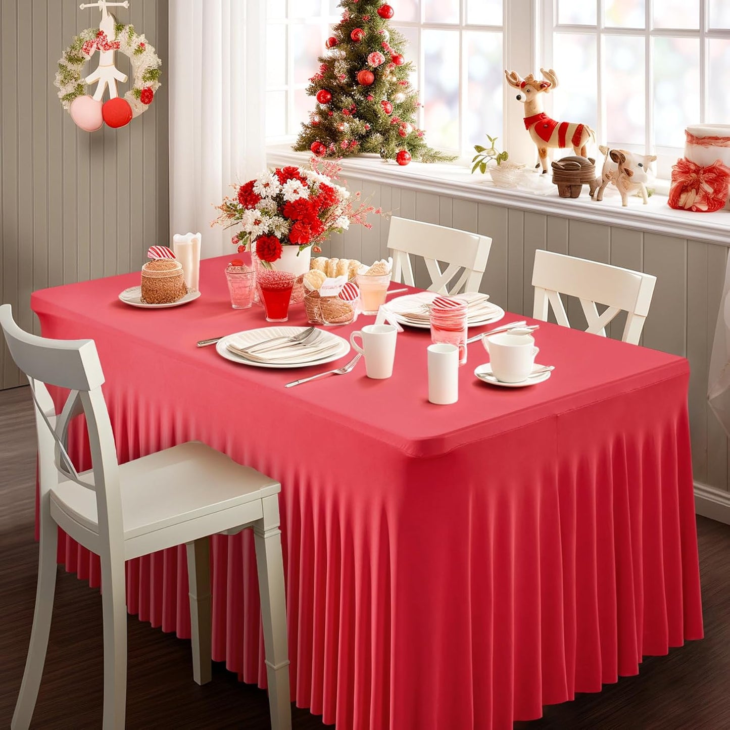 1 Pack Red Table Clothes for 4 Foot Rectangle Tables, One-Piece Wrinkle Resistant Stretch Spandex Table Covers Valentines Table Skirt for Event Banquet Wedding Birthday Party
