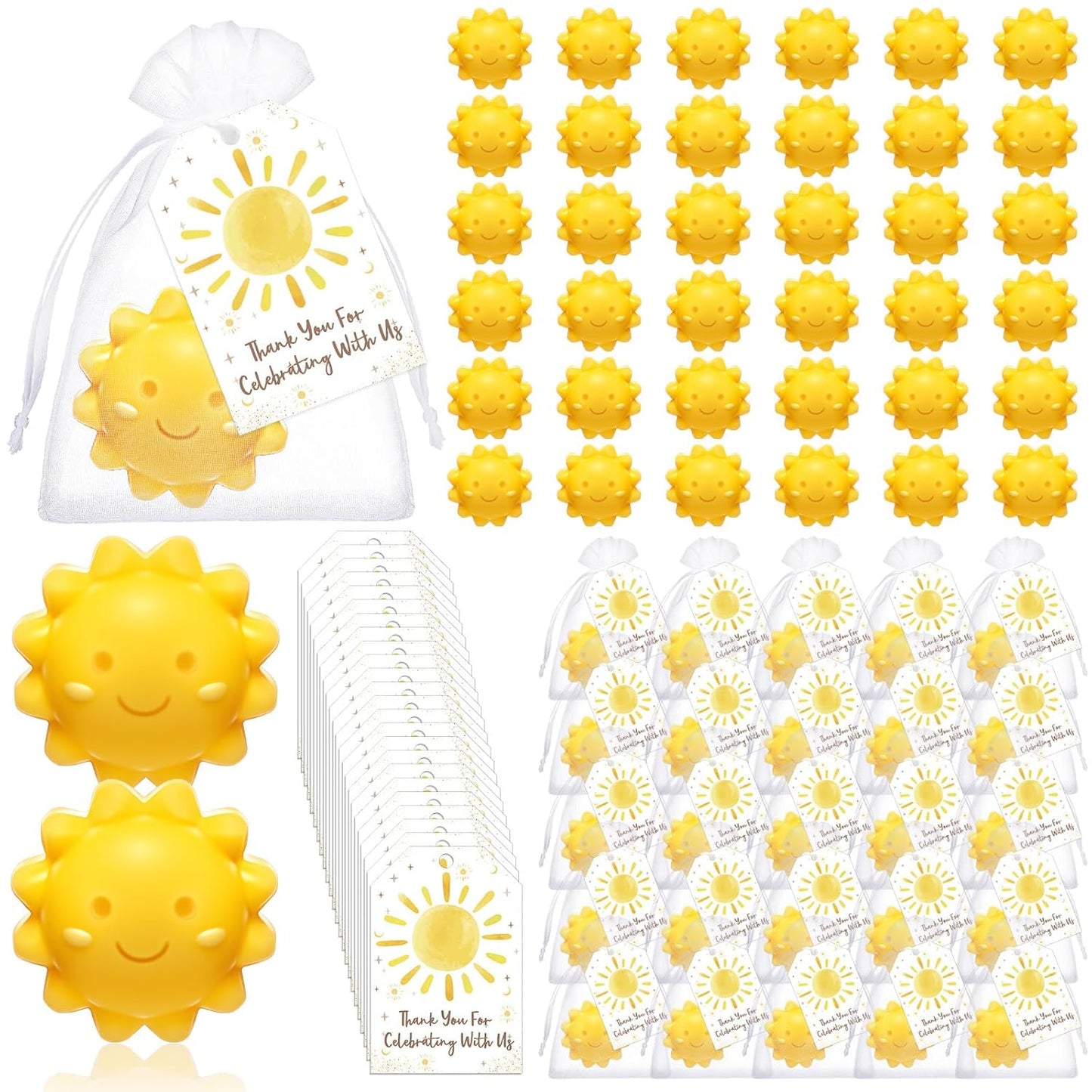Leelosp 60 Sets Sun Soaps Baby Shower Favors Here Comes the Sun Baby Shower Gifts Mini Handmade Soaps with Thank You Card and Organza Bags for Guest Gender Reveal Sunshine Party Decor (Yellow,Cute)