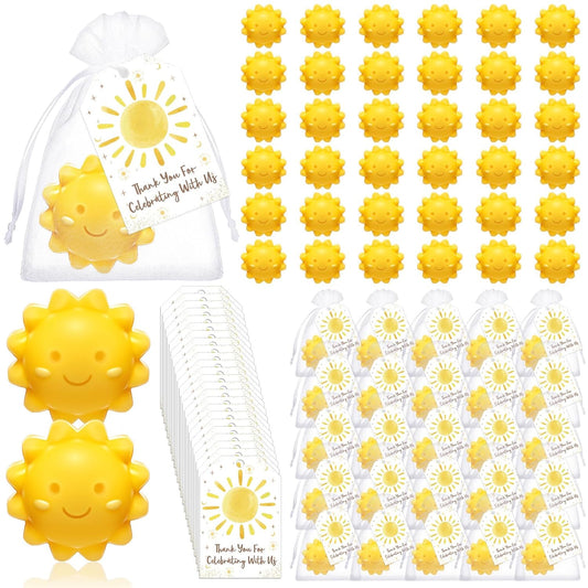 Leelosp 60 Sets Sun Soaps Baby Shower Favors Here Comes the Sun Baby Shower Gifts Mini Handmade Soaps with Thank You Card and Organza Bags for Guest Gender Reveal Sunshine Party Decor (Yellow,Cute)