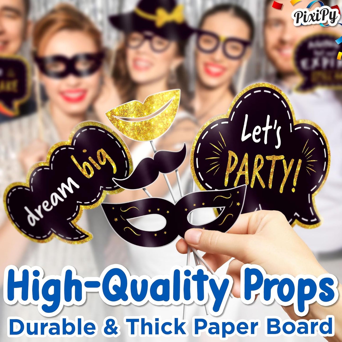 Premium Birthday Photo Booth Props Kit - 27 Pieces Black & Gold Party Decorations - Durable & Easy-to-Use Photobooth Props Signs for Memorable Photos - Party Supply Decorations - by PixiPy