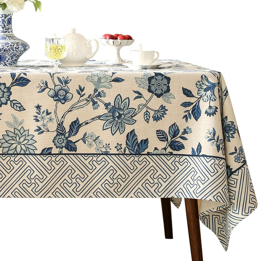 Vintage Blue and White Long Rectangle Tablecloth,French Linen Floral Wrinkle Free Tablecloths,Decorative Table Cover for Kitchen,Dining,Party,Thanksgiving,Christmas,63"*94"-Suqing
