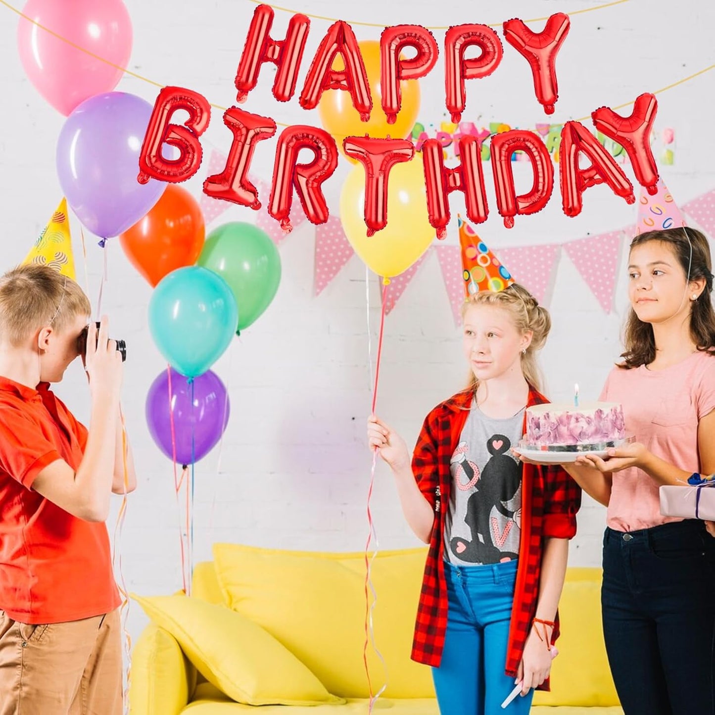 LIOZEOKUN Happy Birthday Balloon Letters 16 inch Mylar Foil Birthday Balloons Banner Sign for Birthday Party Decorations Supplies (Red)